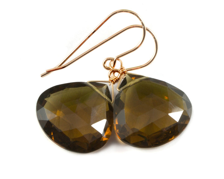 Whiskey Cognac Smoky Quartz Earrings Large Heart Sterling Silver or 14k Solid Gold or Yellow or Rose Filled Teardrop Natural Classic Drops