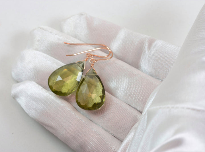 Green Olive Smoky Quartz Earrings Teardrop Fat Extra Large Long Natural Smokey 14k Solid Gold or Yellow or Rose Filled or Sterling Silver