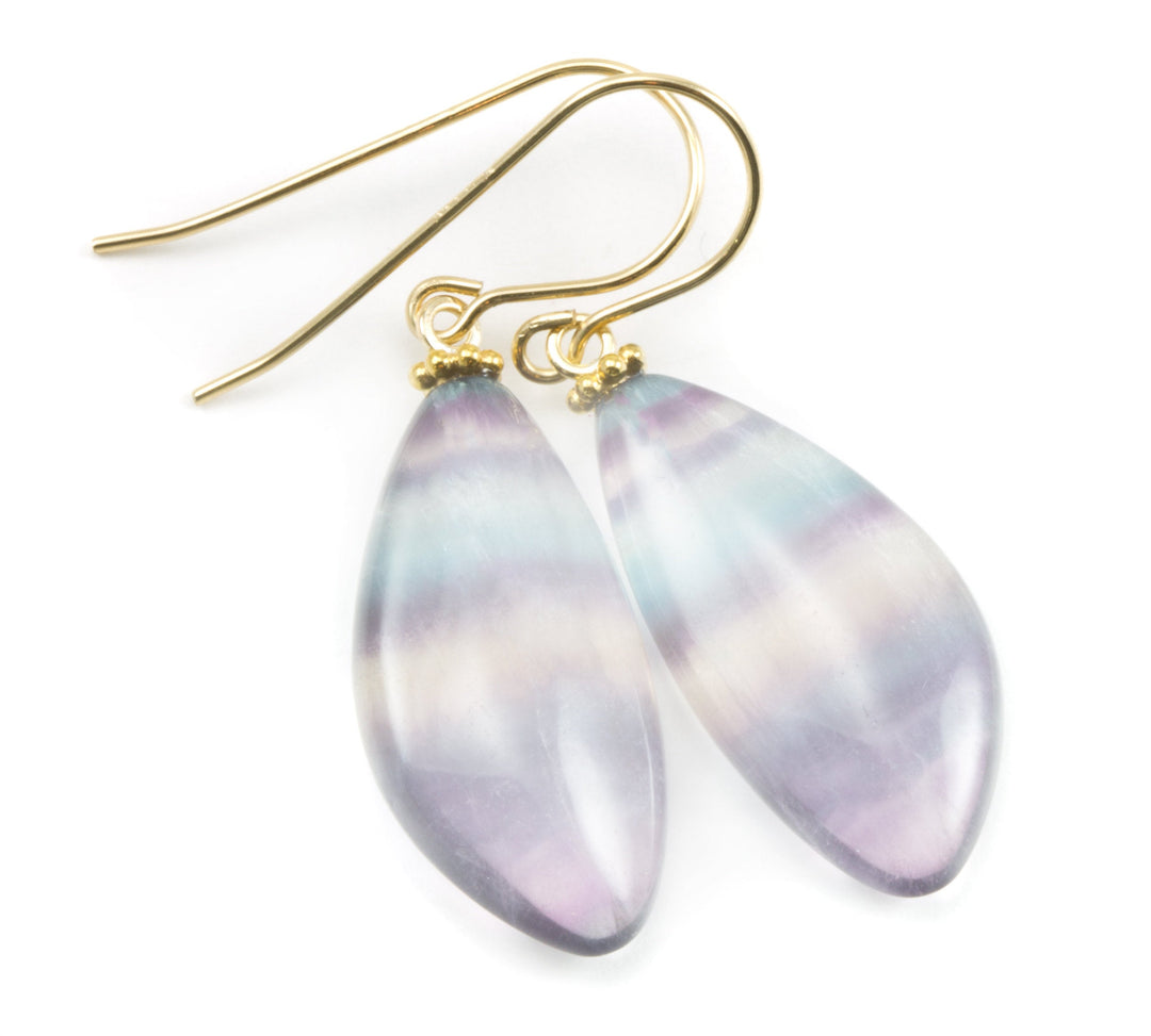 Fluorite Earrings Smooth Teardrop Sterling Silver or 14k solid gold or filled Flourite Natural Purple Striped Curved Teal Purple Green Drops