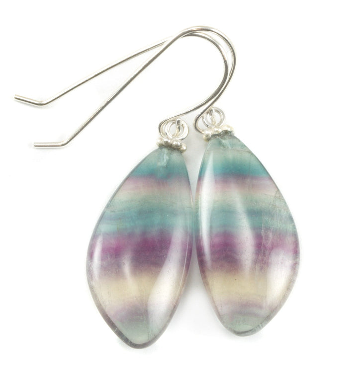 Fluorite Earrings Smooth Teardrop Sterling Silver or 14k solid gold or filled Flourite Natural Purple Striped Curved Teal Purple Green Drops