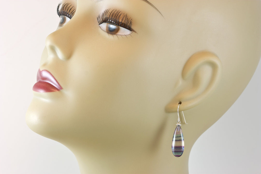 Fluorite Earrings Smooth Teardrop 14k solid gold or filled or sterling silver Natural Flourite Fat Round Drop Striped Teal Purple Beaded