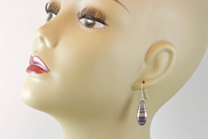Fluorite Earrings Smooth Teardrop 14k solid gold or filled or sterling silver Natural Flourite Fat Round Drop Striped Teal Purple Beaded
