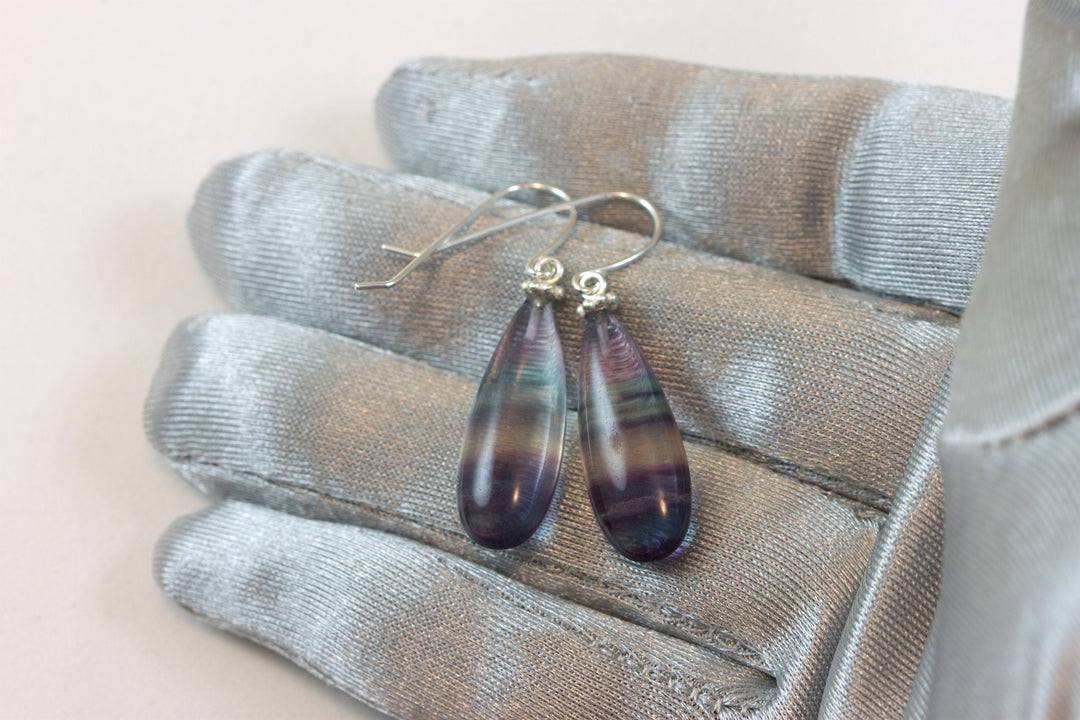 Fluorite Earrings Smooth Teardrop 14k solid gold or filled or sterling silver Natural Flourite Fat Round Drop Striped Teal Purple Beaded