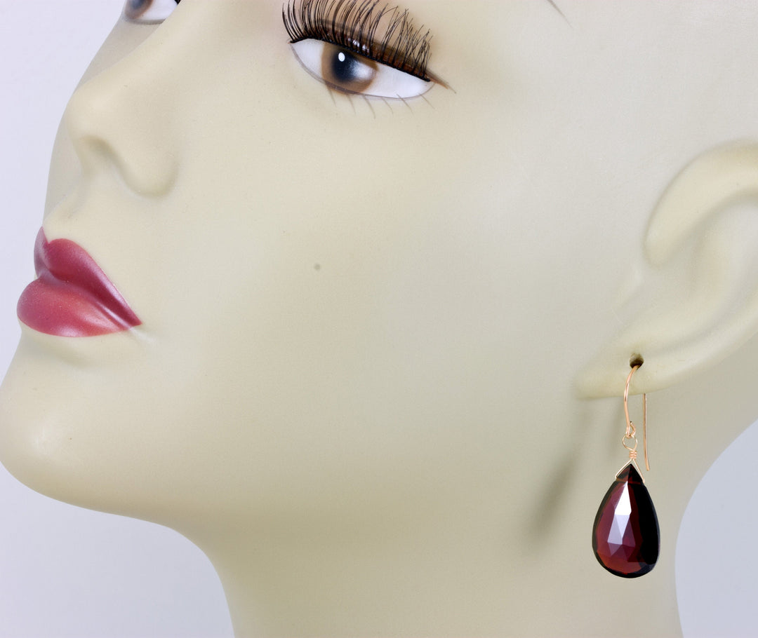 Deep Red Simulated Garnet Earrings Facet Large Pear Teardrop Drop Dangle 14k Solid Gold or Yellow or Rose Filled or Sterling Silver Classic