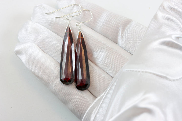 Deep Red Simulated Garnet Earrings Faceted Large Long Drop Dangle 14k Solid Yellow Gold or Yellow or Rose Filled or Sterling Silver Drops 2