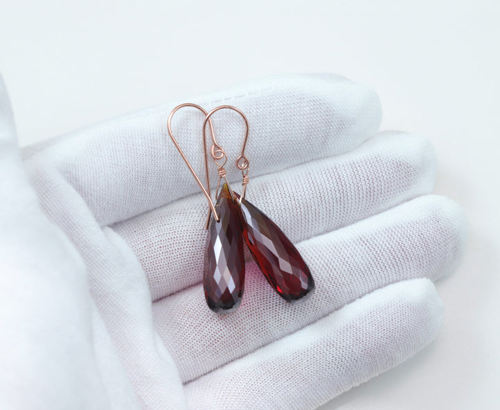 Deep Red Simulated Garnet Earrings Large Briolette Rounded Drop Dangle 14k Solid Gold or Yellow or Rose Filled or Sterling Silver Classic