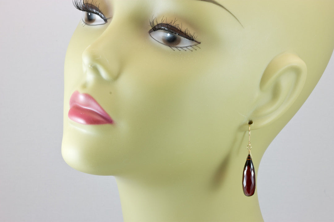 Deep Red Simulated Garnet Earrings Large Briolette Rounded Drop Dangle 14k Solid Gold or Yellow or Rose Filled or Sterling Silver Classic