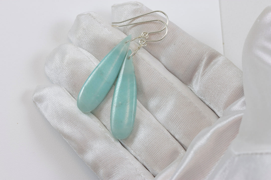 Amazonite Earrings Blue Aqua Smooth Finish Long Teardrop Briolette Sterling Silver or 14k Solid Gold or Filled Pale Soft Blue  2.3"