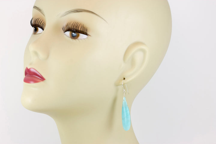 Amazonite Earrings Blue Aqua Smooth Finish Long Teardrop Briolette Sterling Silver or 14k Solid Gold or Filled Pale Soft Blue  2.3"
