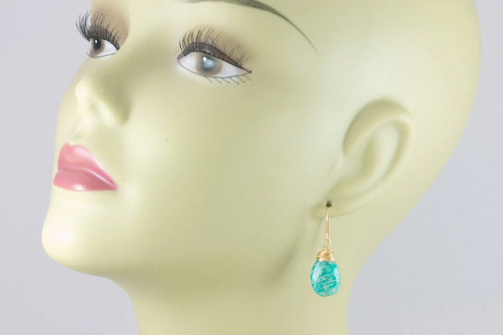 Amazonite Earrings Blue Green Faceted Sterling Silver or 14k Solid Gold or Rose Gold Filled Natural Pear Messy Wire Wrapped Soft Teal color - Spyglass Designs
