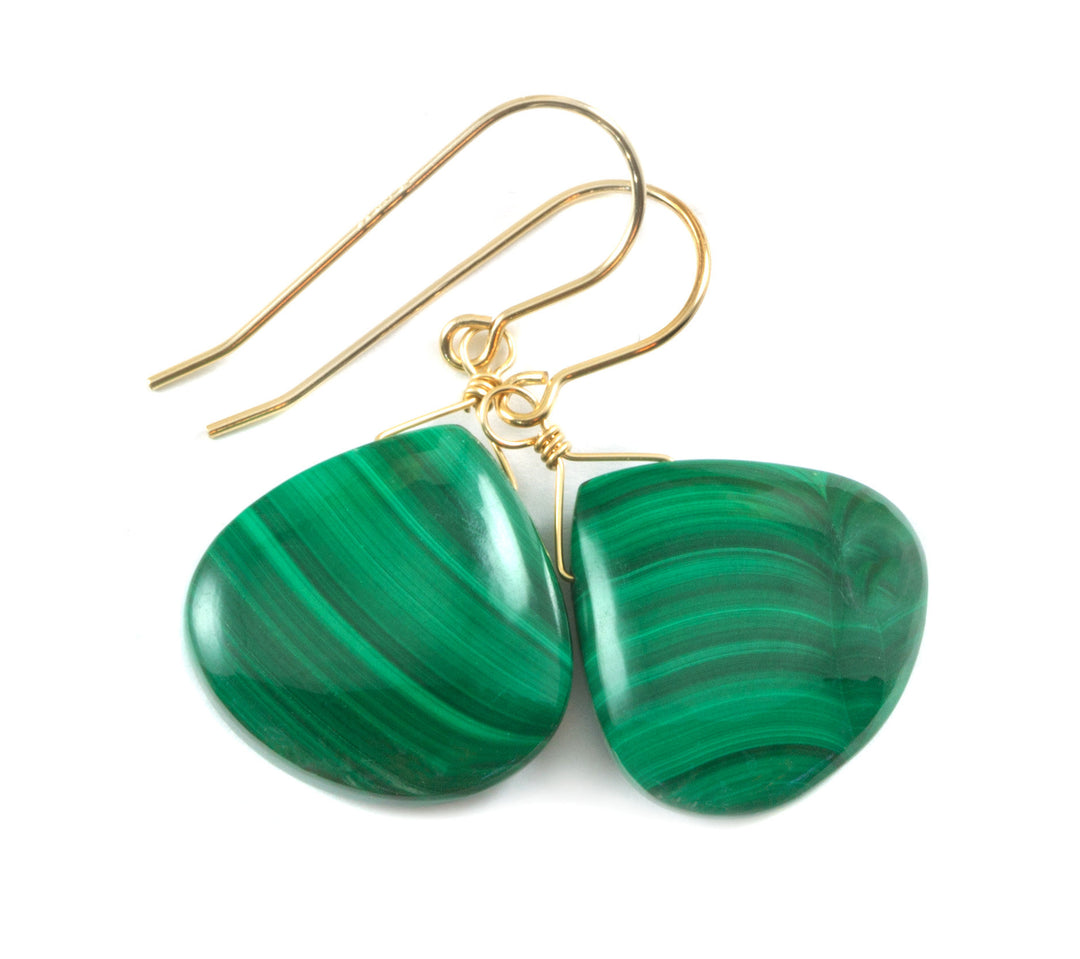 Malachite Earrings Green Heart smooth Natural Dangle Drops Sterling Silver or 14k Solid Yellow Gold or Rose or Yellow Filled simple design