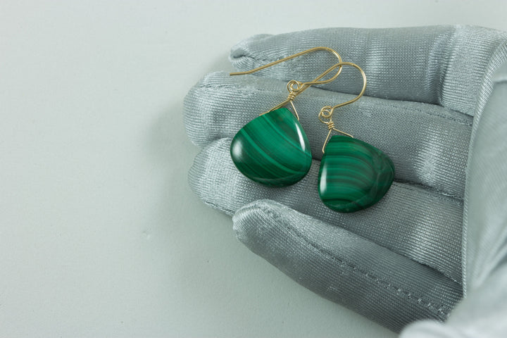 Malachite Earrings Green Heart smooth Natural Dangle Drops Sterling Silver or 14k Solid Yellow Gold or Rose or Yellow Filled simple design