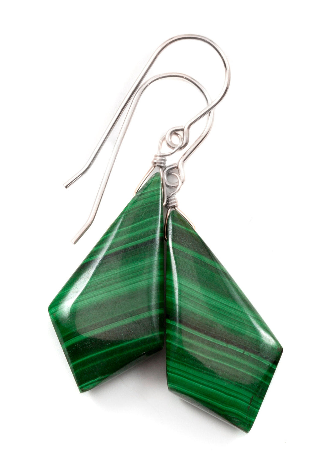 Green Malachite Earrings Green Long smooth Natural Dangle Drops Sterling Silver or 14k Solid Gold or Yellow or Rose Filled simple Triangle