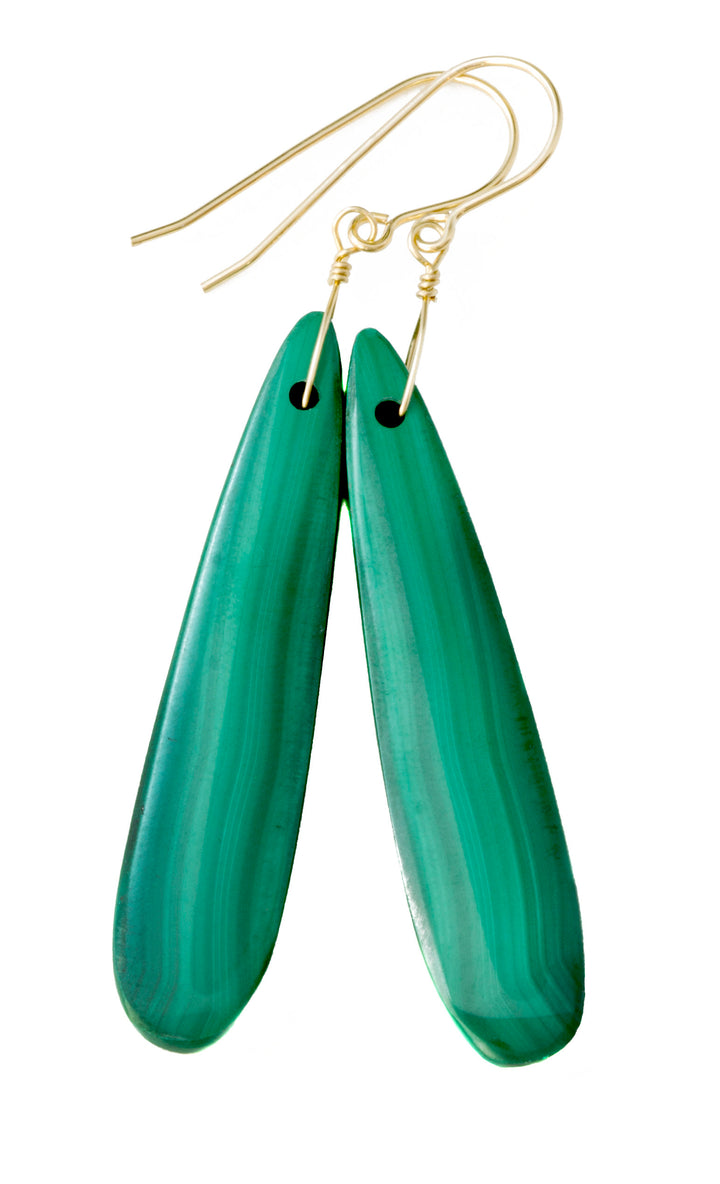 Green Malachite Earrings Green Long Contemporary Natural Striped Drops Sterling Silver or 14k Solid Gold or Yellow or Rose Filled 2.3 Inch