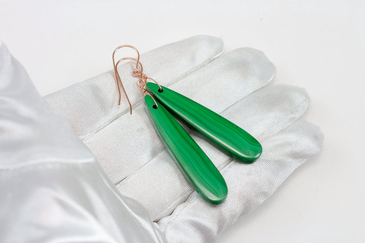 Green Malachite Earrings Green Long Contemporary Natural Striped Drops Sterling Silver or 14k Solid Gold or Yellow or Rose Filled 2.3 Inch
