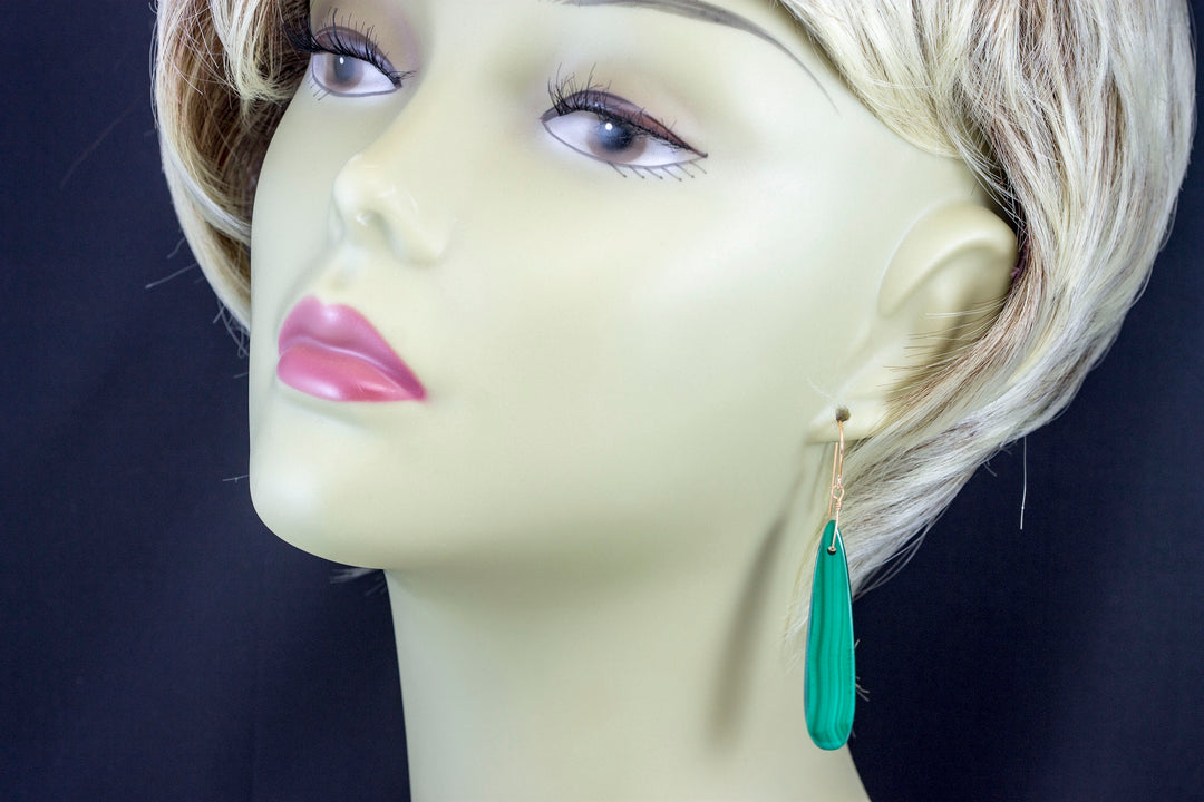 Green Malachite Earrings Green Long Contemporary Natural Striped Drops Sterling Silver or 14k Solid Gold or Yellow or Rose Filled 2.3 Inch
