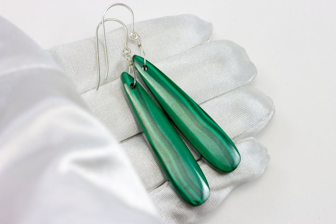 Green Malachite Earrings Green Long Contemporary Natural Striped Drops Sterling Silver or 14k Solid Gold or Yellow or Rose Filled 2.3 Inch