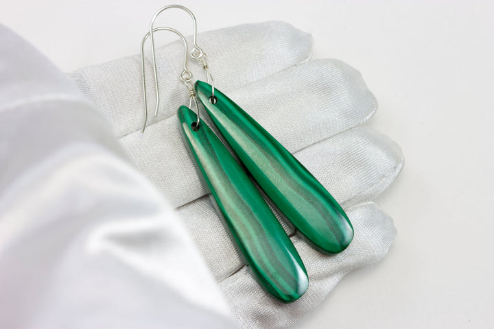 Green Malachite Earrings Green Long Contemporary Natural Striped Drops Sterling Silver or 14k Solid Gold or Yellow or Rose Filled 2.3 Inch