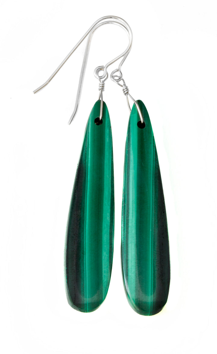 Green Malachite Earrings Green Long Contemporary Natural Striped Drops Sterling Silver or 14k Solid Gold or Yellow or Rose Filled 2.3 Inch