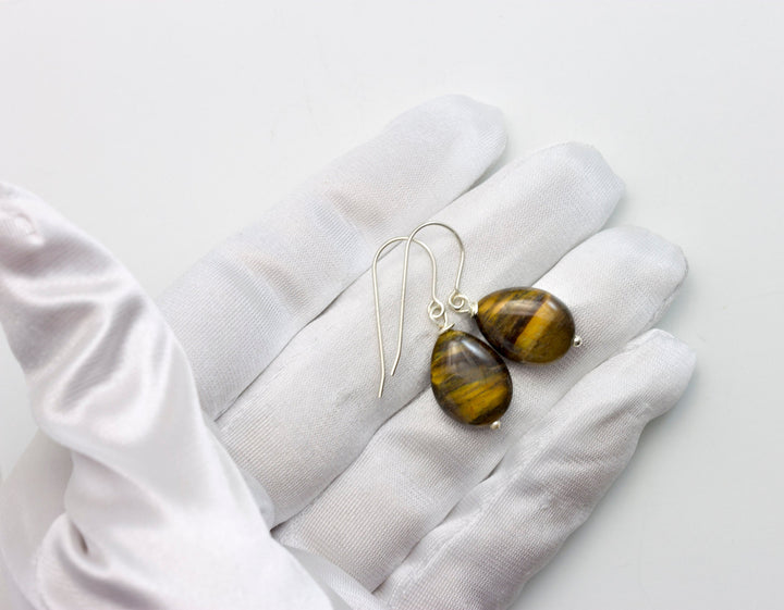 Tiger's Eye Earrings Smooth Dainty Teardrops dangle Sterling Silver or 14k Solid Yellow Gold or Filled Spyglass Designs Natural Tiger Eye