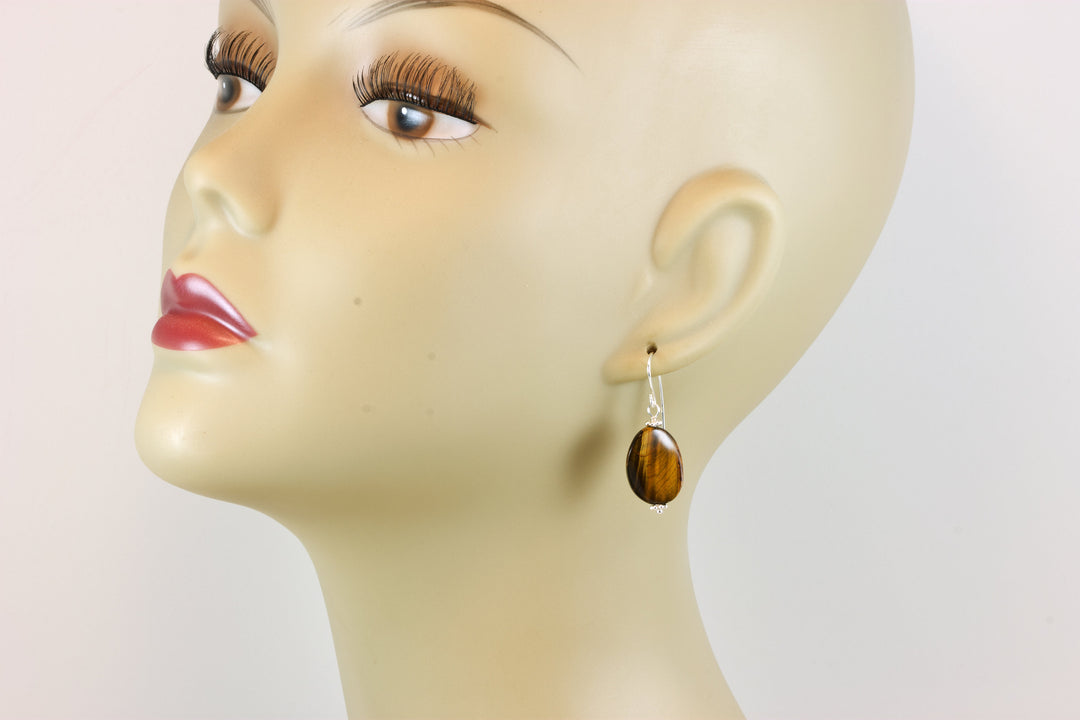 Tiger's Eye Earrings Smooth Curved Oval dangles Sterling Silver or 14k Solid Yellow Gold or Filled Spyglass Designs Natural Tiger Eye