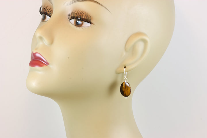 Tiger's Eye Earrings Smooth Curved Oval dangles Sterling Silver or 14k Solid Yellow Gold or Filled Spyglass Designs Natural Tiger Eye