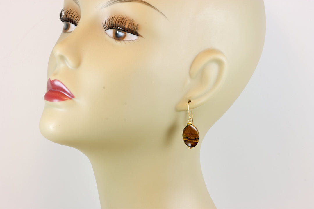 Tiger's Eye Earrings Smooth Curved Oval dangles Sterling Silver or 14k Solid Yellow Gold or Filled Spyglass Designs Natural Tiger Eye
