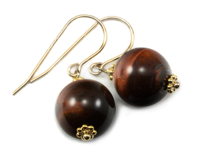 Tiger's Eye Earrings Smooth Round Drops Red or Golden Sterling Silver or 14k Solid Gold or  Filled Striped Natural Simple Spyglass Designs