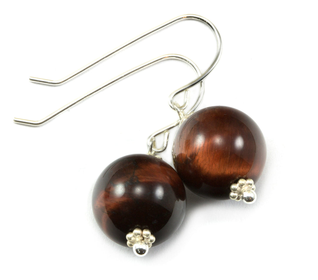 Tiger's Eye Earrings Smooth Round Drops Red or Golden Sterling Silver or 14k Solid Gold or  Filled Striped Natural Simple Spyglass Designs
