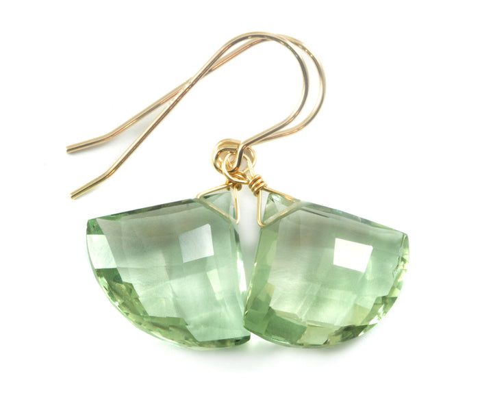 Green Amethyst Earrings Prasiolite Faceted AAA Briolette Fan Shape 14k Solid Gold or Filled or Sterling Silver Simply Daily Soft Green Drops