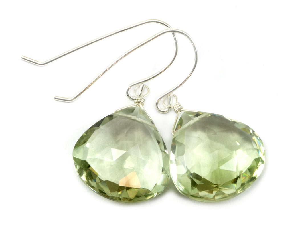 Green Prasiolite Earrings Amethyst Faceted X Large Heart Teardrop Sterling Silver or 14k Yellow Gold or 14k Gold Filled Natural Soft Simple
