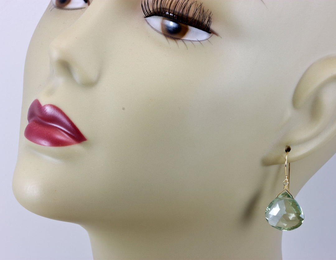 Green Prasiolite Earrings Amethyst Faceted X Large Heart Teardrop Sterling Silver or 14k Yellow Gold or 14k Gold Filled Natural Soft Simple