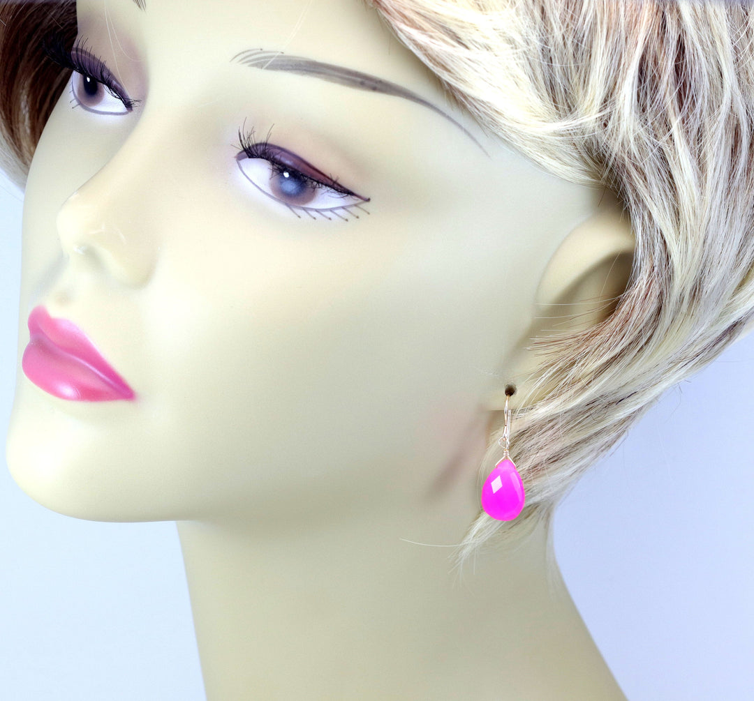 Neon Pink Chalcedony Earrings AAA Faceted Briolette Drops 14k Solid Gold or Filled or Sterling Silver Pear Fuchsia Magenta Simple Drops