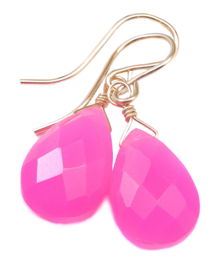 Neon Pink Chalcedony Earrings AAA Faceted Briolette Drops 14k Solid Gold or Filled or Sterling Silver Pear Fuchsia Magenta Simple Drops