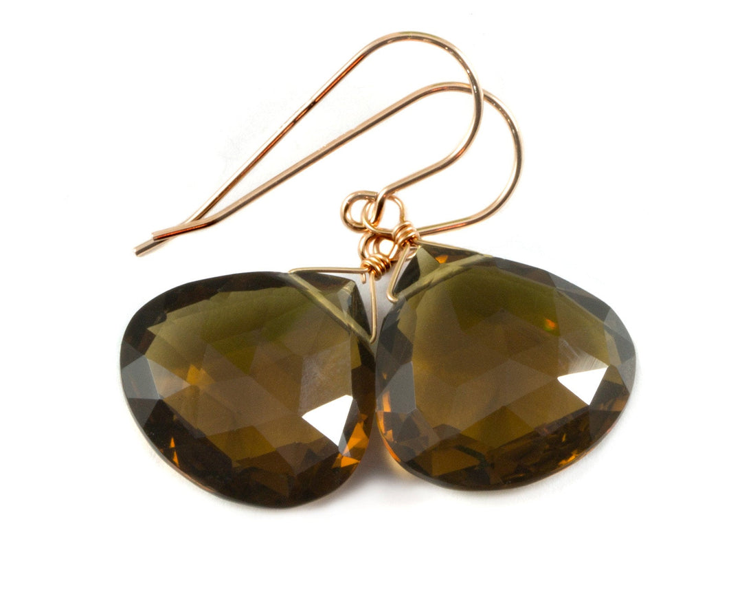 Whiskey Cognac Smoky Quartz Earrings Large Heart Sterling Silver or 14k Solid Gold or Yellow or Rose Filled Teardrop Natural Classic Drops