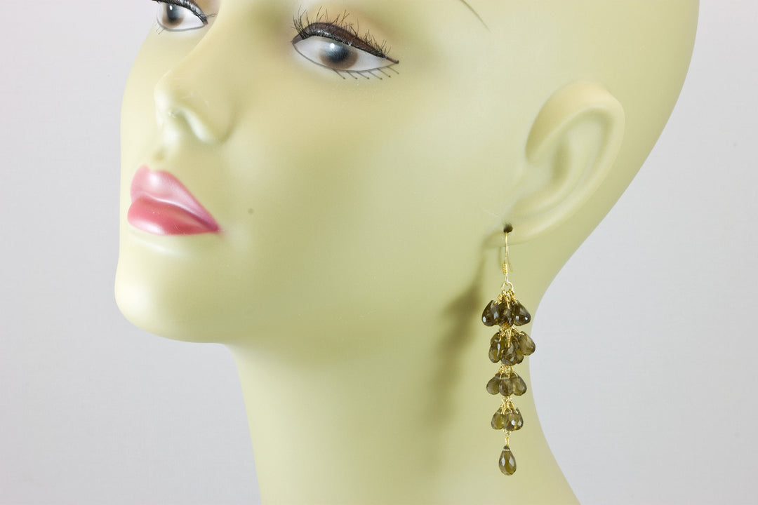 Whiskey Quartz Earrings Faceted Briolette Chandelier Clusters Long Natural Rich Golden Amber Whiskey 2.5 Inches 14k Solid Gold or Sterling