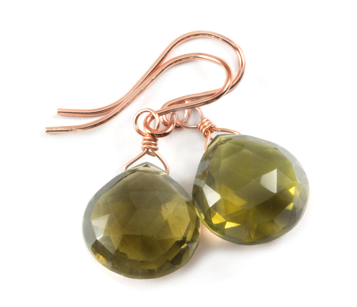 Green Olive Quartz Earrings Heart Briolette Smoky Drops 14k Solid Gold or Yellow or Rose Filled or Sterling Silver Faceted Lightweight