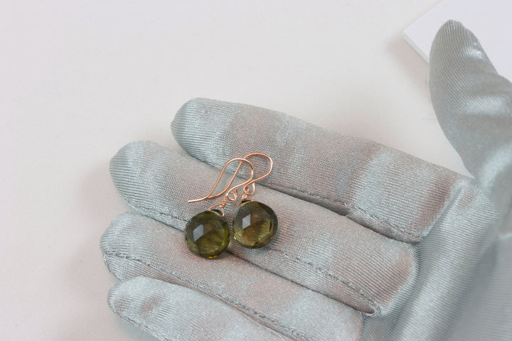 Green Olive Quartz Earrings Heart Briolette Smoky Drops 14k Solid Gold or Yellow or Rose Filled or Sterling Silver Faceted Lightweight
