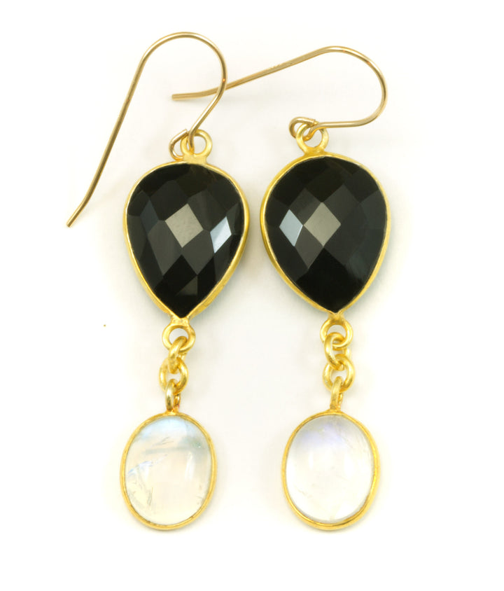 Black Spinel Earrings Bezel Set Faceted Teardrop 14k solid Gold or Filled French Earwire Large Double Hung Simple Drops Natural Moonstones