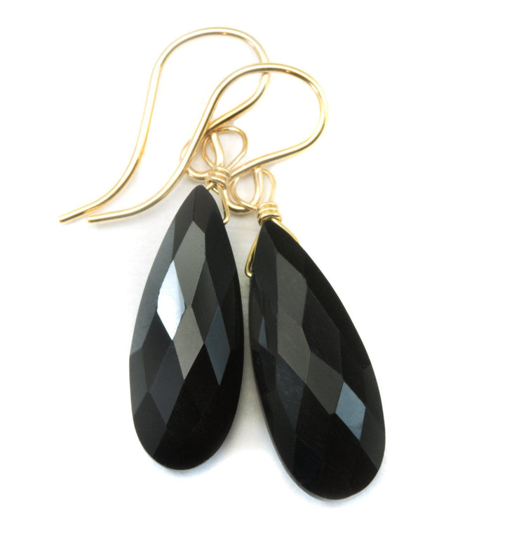 Spinel Earrings Black Teardrop Faceted Long Briolette Drops 14k Solid Gold or 14k Gold Filled or Sterling Silver Drops  Daily Wear Simple