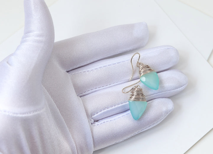 Aqua Blue Chalcedony Earrings 14k Solid Gold or Yellow or Rose Filled or Sterling Silver Teardrop Pointed Faceted Wire Wrapped Dangles
