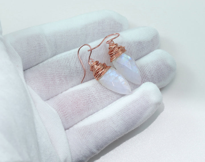 Rainbow Blue Moonstone Earrings 14k Solid Gold or Yellow or Rose Filled or Sterling Silver Faceted Wire Wrapped Teardrop Briolette Drops