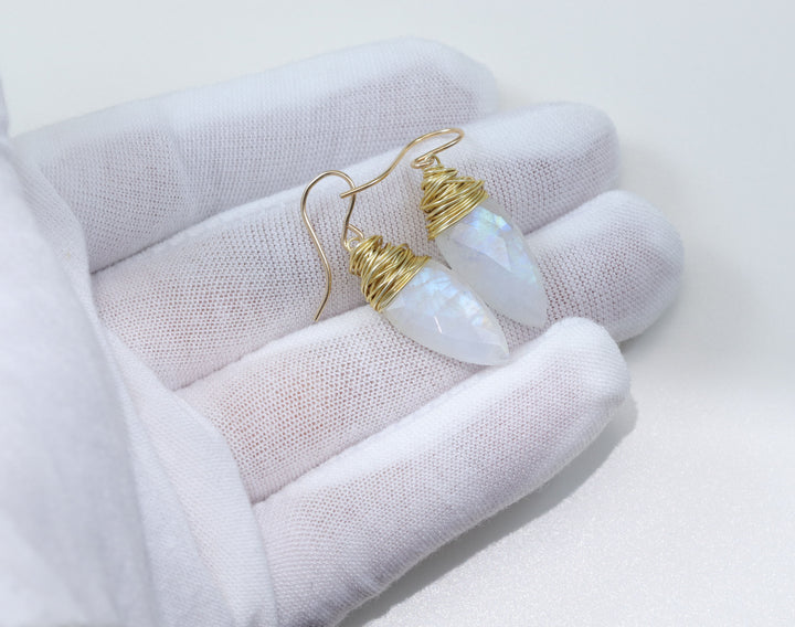 Rainbow Blue Moonstone Earrings 14k Solid Gold or Yellow or Rose Filled or Sterling Silver Faceted Wire Wrapped Teardrop Briolette Drops