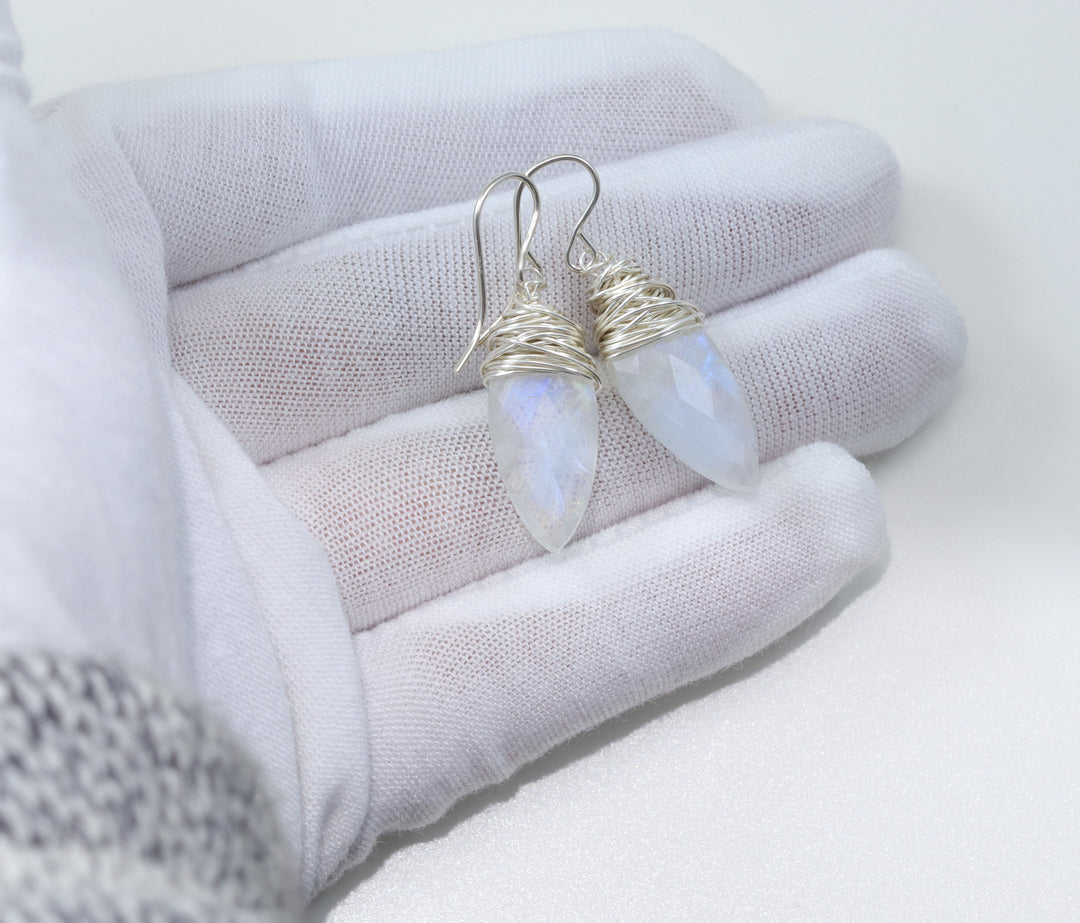 Rainbow Blue Moonstone Earrings 14k Solid Gold or Yellow or Rose Filled or Sterling Silver Faceted Wire Wrapped Teardrop Briolette Drops