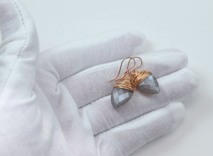 Gray Moonstone Earrings 14k Solid Gold or Yellow or Rose Filled or Sterling Silver Faceted Wire Wrapped  Grey Teardrop Briolette Drops