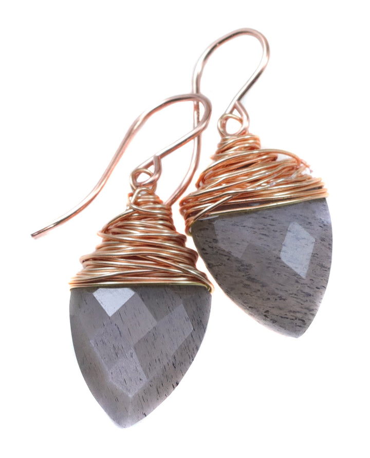 Gray Moonstone Earrings 14k Solid Gold or Yellow or Rose Filled or Sterling Silver Faceted Wire Wrapped  Grey Teardrop Briolette Drops