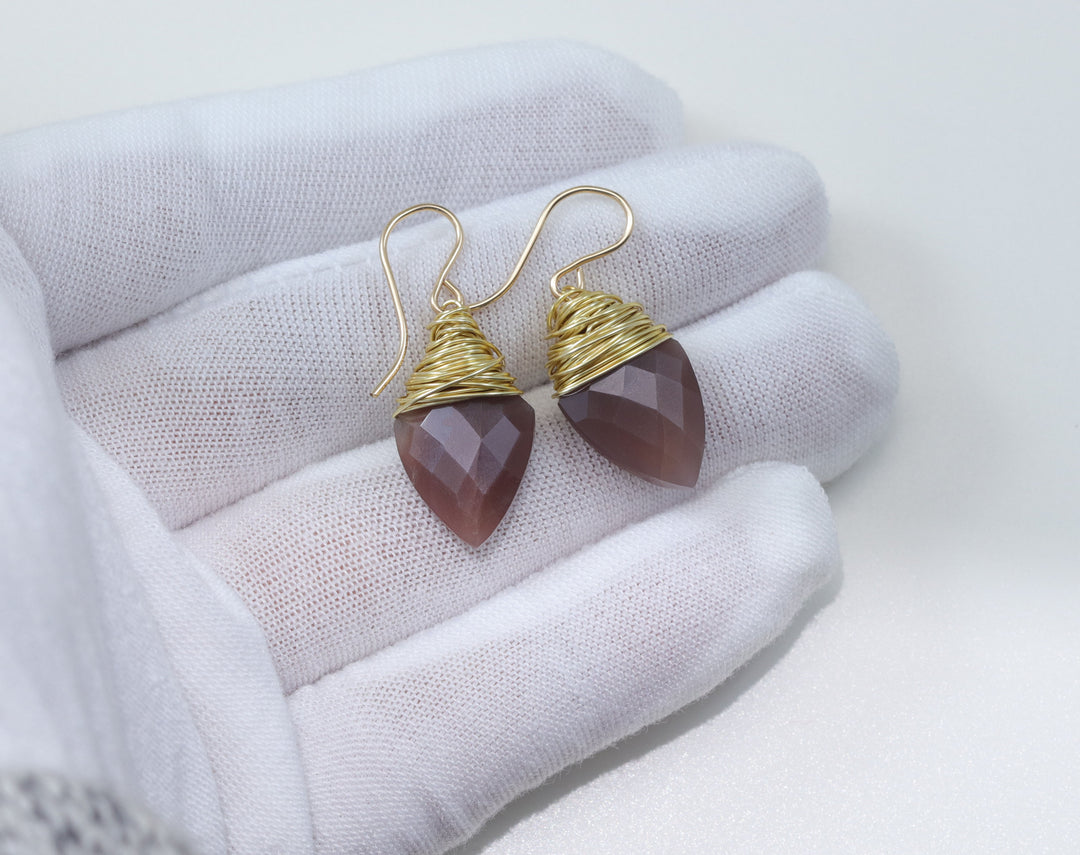 Chocolate Moonstone Earrings 14k Solid Gold or Yellow or Rose Filled or Sterling Silver Faceted Wire Wrapped  Grey Teardrop Briolette Drops
