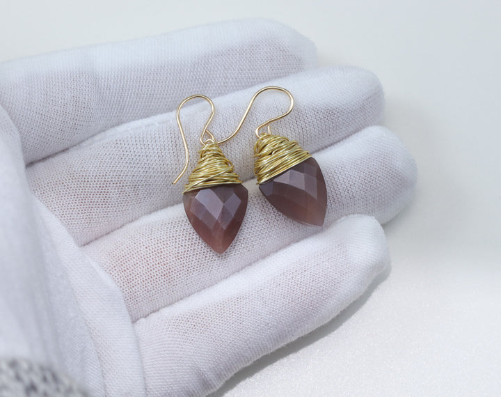 Chocolate Moonstone Earrings 14k Solid Gold or Yellow or Rose Filled or Sterling Silver Faceted Wire Wrapped  Grey Teardrop Briolette Drops