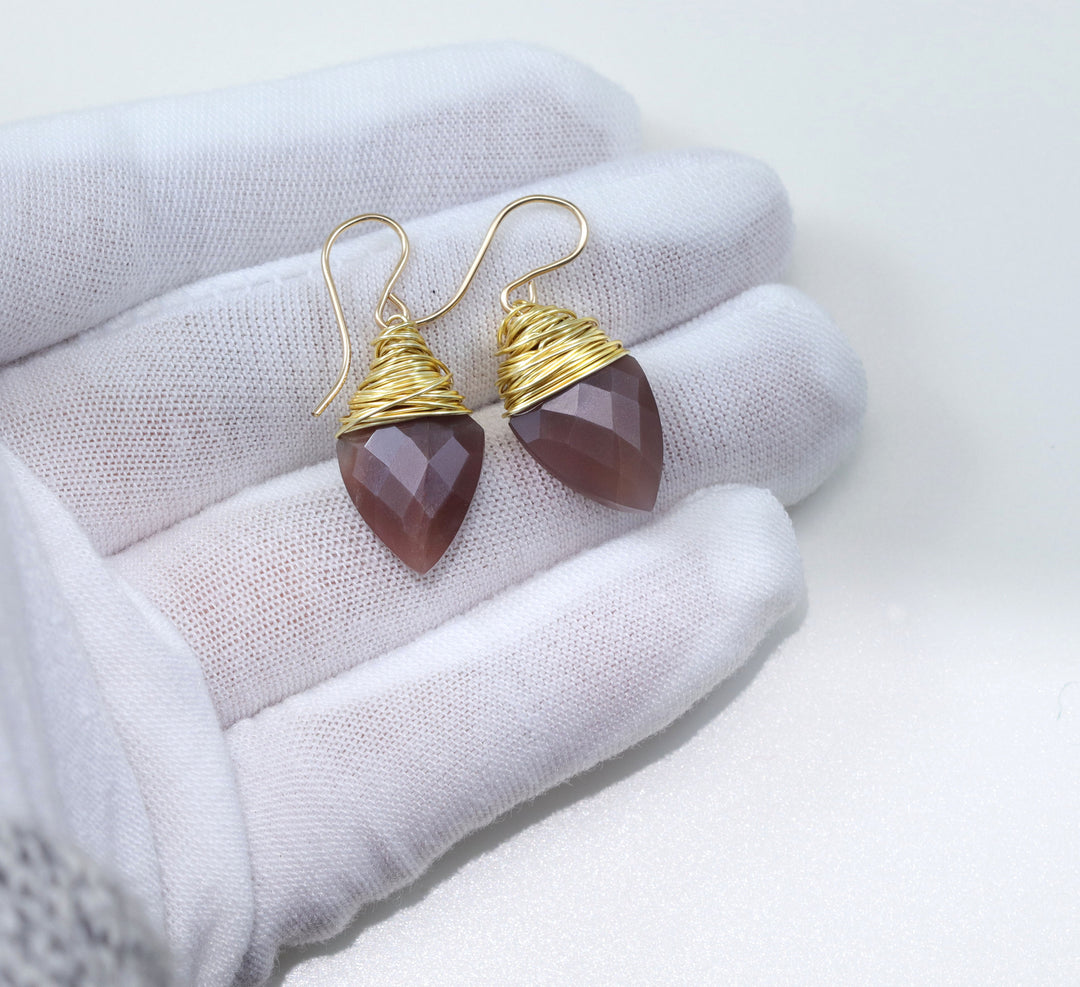 Chocolate Moonstone Earrings 14k Solid Gold or Yellow or Rose Filled or Sterling Silver Faceted Wire Wrapped  Grey Teardrop Briolette Drops