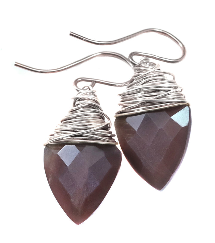 Chocolate Moonstone Earrings 14k Solid Gold or Yellow or Rose Filled or Sterling Silver Faceted Wire Wrapped  Grey Teardrop Briolette Drops